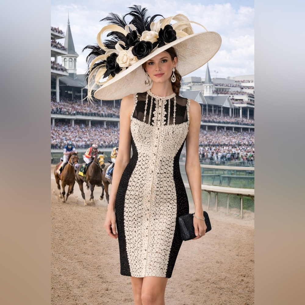 Byron Lars Lasercut Black and Cream Lace Sheath Midi Dress Kentucky Derby